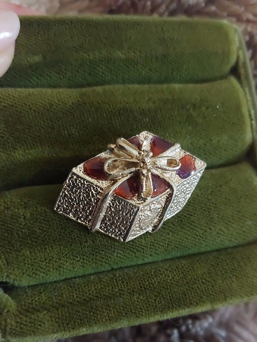 Vintage Christmas Present Brooch, Gold Tone & Red Enamel Gift Box Pin